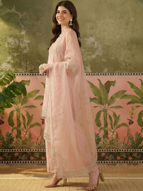 Sangria Women Ethnic Motifs Embroidered Regular Thread Work Kurta with Palazzos & With Dupatta - Image 6