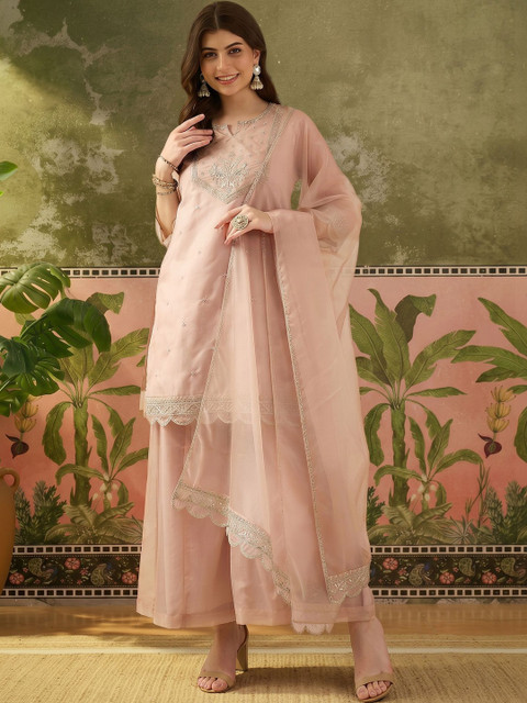 Sangria Women Ethnic Motifs Embroidered Regular Thread Work Kurta with Palazzos & With Dupatta - Image 4