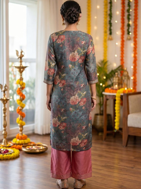 The Suitable Women Floral Printed Thread Work Floral Chanderi Silk Kurta - Image 2