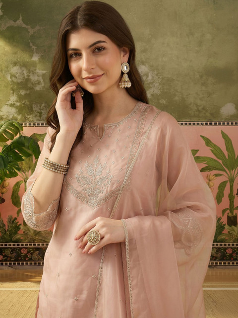 Sangria Women Ethnic Motifs Embroidered Regular Thread Work Kurta with Palazzos & With Dupatta - Image 2