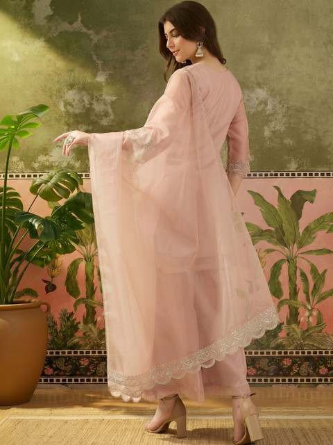 Sangria Women Ethnic Motifs Embroidered Regular Thread Work Kurta with Palazzos & With Dupatta - Image 3
