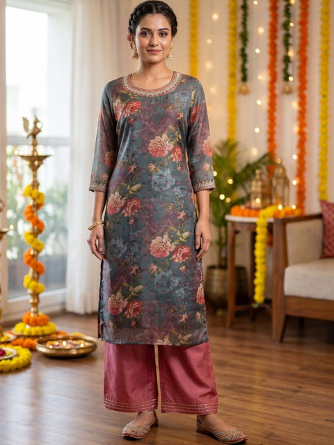 The Suitable Women Floral Printed Thread Work Floral Chanderi Silk Kurta