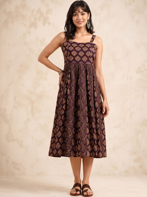 SZN Floral Printed Cotton A-Line Midi Dress
