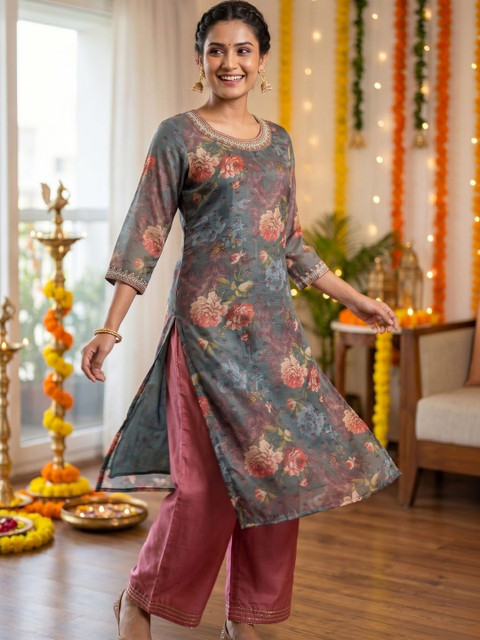 The Suitable Women Floral Printed Thread Work Floral Chanderi Silk Kurta - Image 3