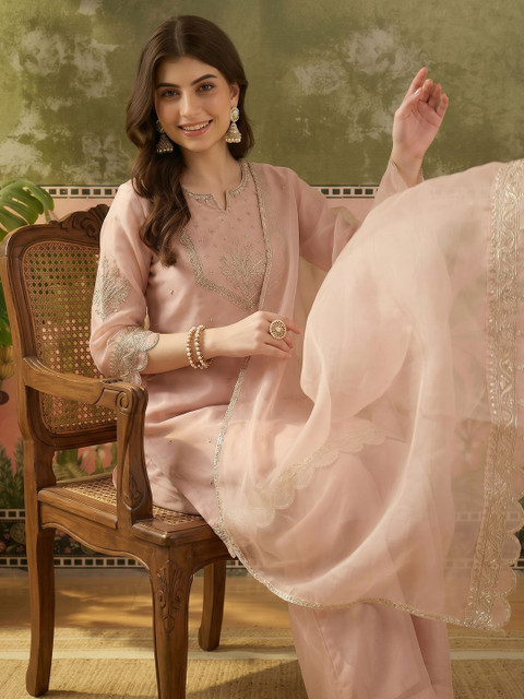 Sangria Women Ethnic Motifs Embroidered Regular Thread Work Kurta with Palazzos & With Dupatta
