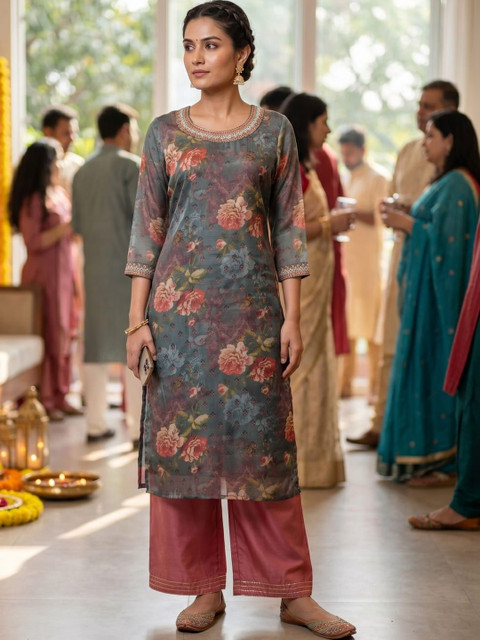 The Suitable Women Floral Printed Thread Work Floral Chanderi Silk Kurta - Image 6