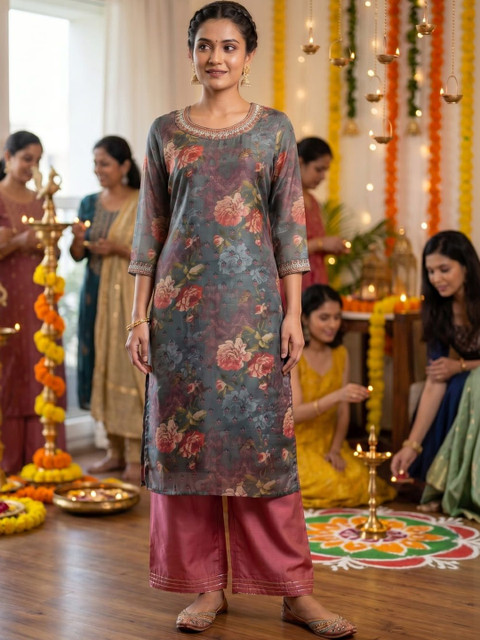 The Suitable Women Floral Printed Thread Work Floral Chanderi Silk Kurta - Image 5