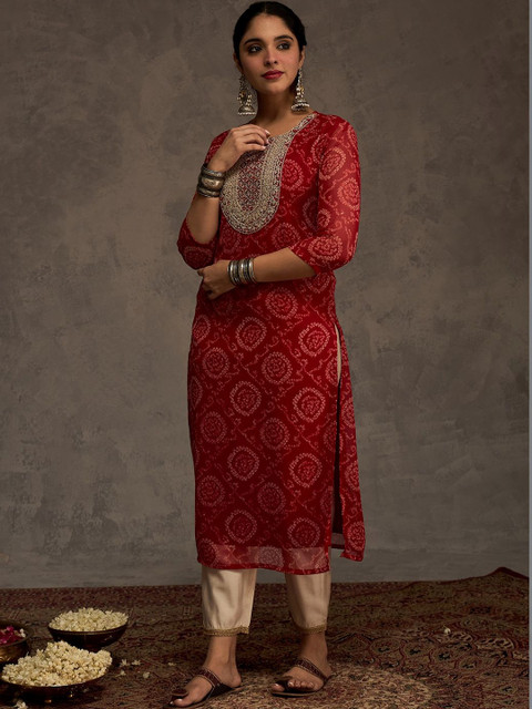 Indo Era Women Bandhani Printed Thread Work Georgette Kurta - Image 3