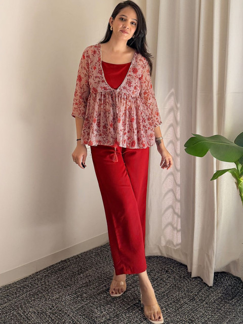 Janasya Women Solid Shoulder Straps Crop Top & Trousers with Floral Print Shrug