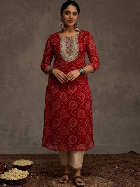 Indo Era Women Bandhani Printed Thread Work Georgette Kurta - Image 6