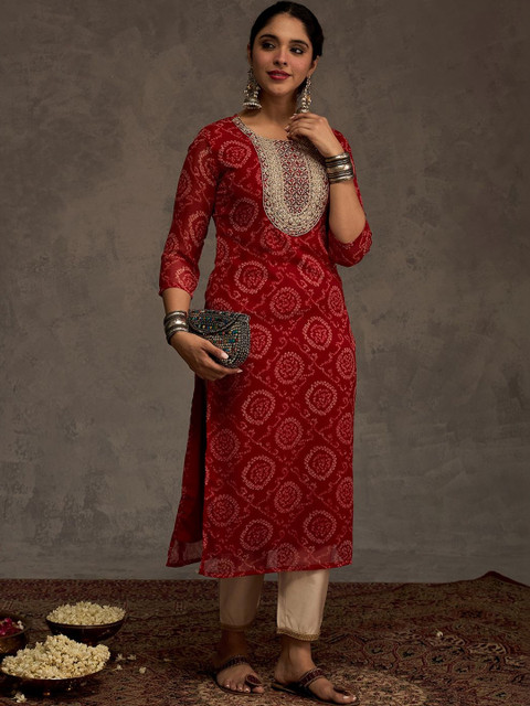 Indo Era Women Bandhani Printed Thread Work Georgette Kurta