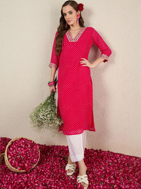 Indo Era Women Leheriya Printed Thread Work Kurta