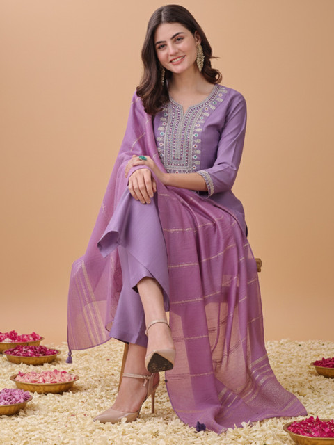 Anouk Mirage Ethnic Motifs Embroidered Sequinned Kurta with Trousers & With Dupatta