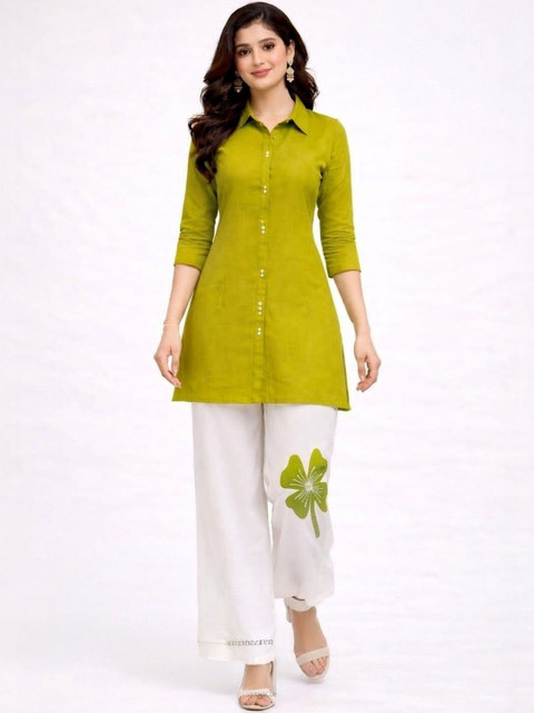 HERE&NOW Shirt Collar Pure Silk Tunic With Trouser