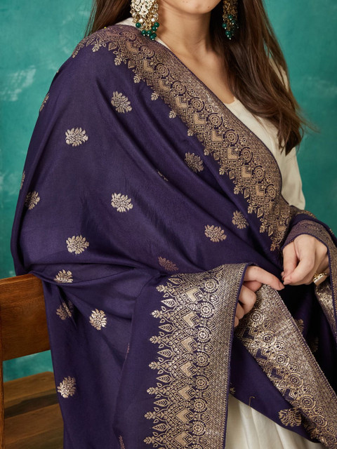 VASVI Ethnic Motifs Woven Design Cotton Silk Dupatta with Zari - Image 4