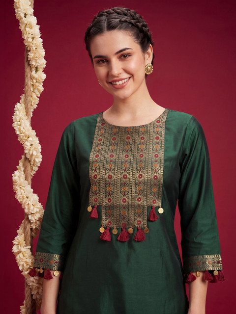 Indo Era Women Ethnic Motifs Embroidered Regular Thread Work Liva Kurta with Trousers - Image 2