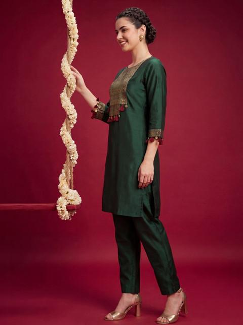 Indo Era Women Ethnic Motifs Embroidered Regular Thread Work Liva Kurta with Trousers - Image 3