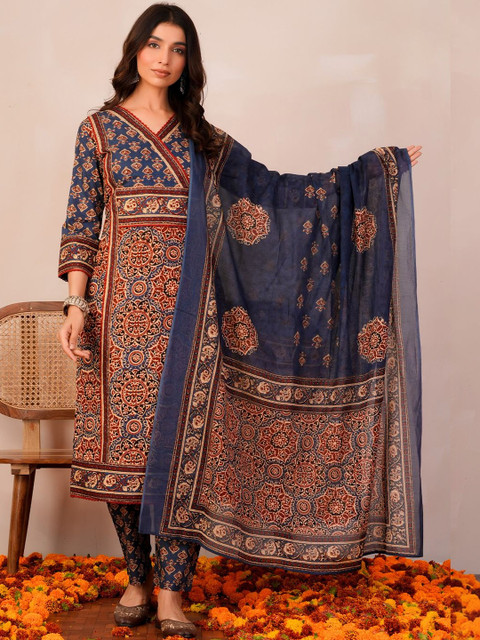 Indo Era Women Ethnic Motifs Printed Angrakha Pure Cotton Kurta with Trousers & With Dupatta