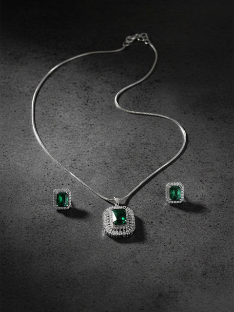 AOLLY Silver-Plated Enamelled Stone-Studded Pendant and Earrings