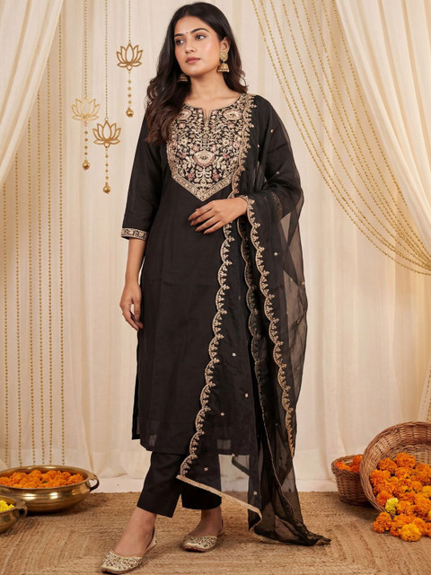 Indo Era Women Ethnic Motifs Embroidered Regular Thread Work Kurta with Trousers & With Dupatta - Image 5