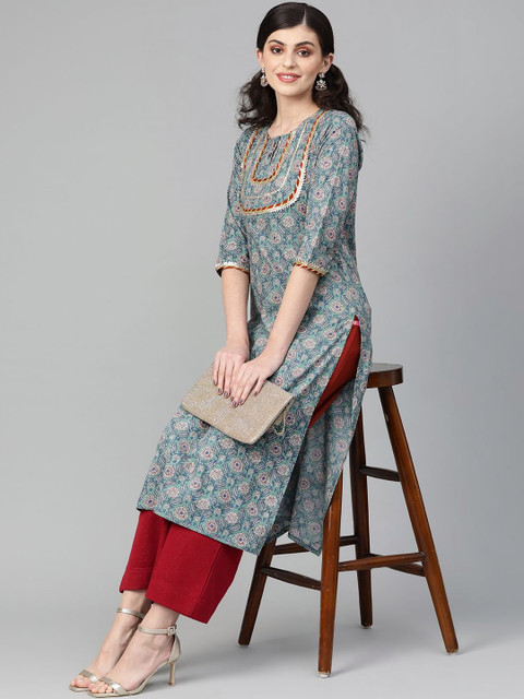 AADVIKA Women Floral Printed Gotta Patti Kurta - Image 2