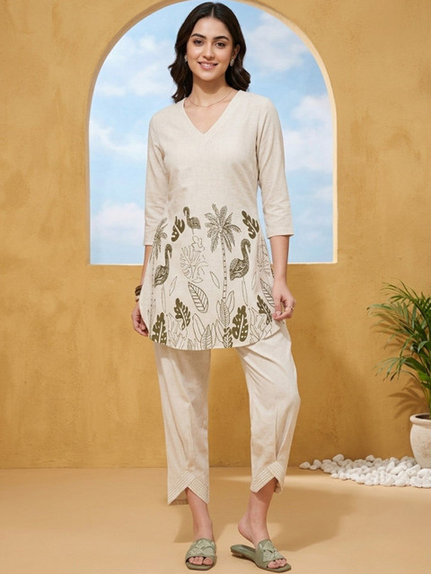 Sangria Tropical Cotton Printed Tunic with Trousers