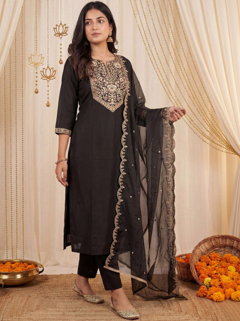 Indo Era Women Ethnic Motifs Embroidered Regular Thread Work Kurta with Trousers & With Dupatta