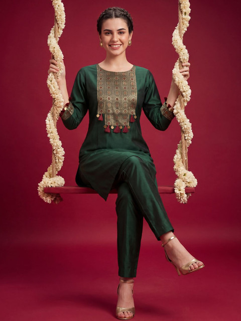 Indo Era Women Ethnic Motifs Embroidered Regular Thread Work Liva Kurta with Trousers - Image 5