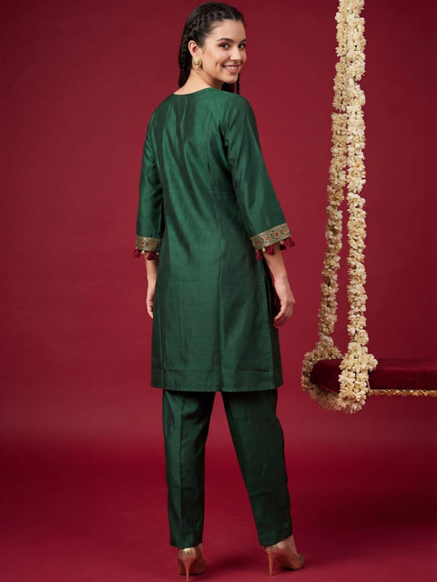 Indo Era Women Ethnic Motifs Embroidered Regular Thread Work Liva Kurta with Trousers - Image 4