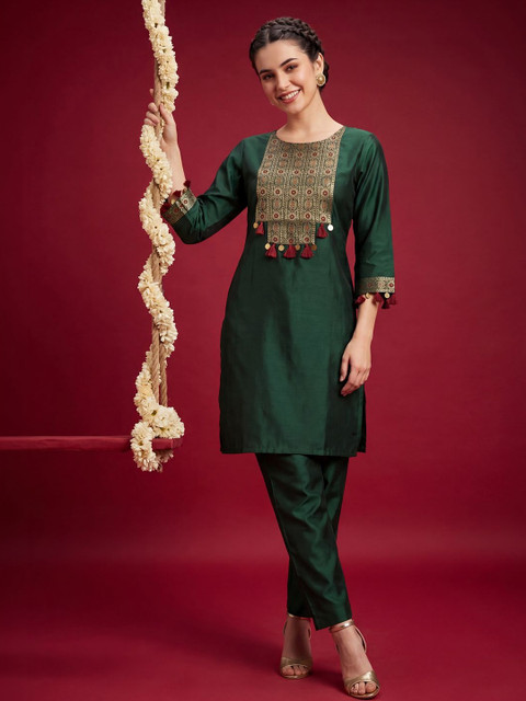 Indo Era Women Ethnic Motifs Embroidered Regular Thread Work Liva Kurta with Trousers - Image 6