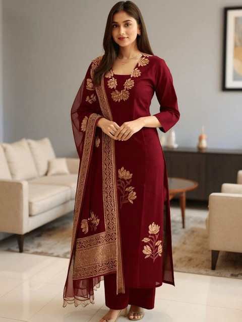 NARI DREAM Women Floral Embroidered Regular Thread Work Kurta with Palazzos & With Dupatta