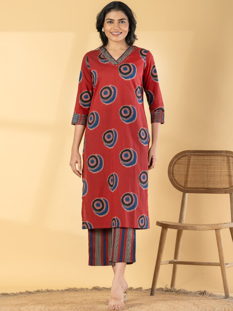 Readiprint Women Ethnic Motifs Printed Regular Thread Work Pure Cotton Kurta with Trousers