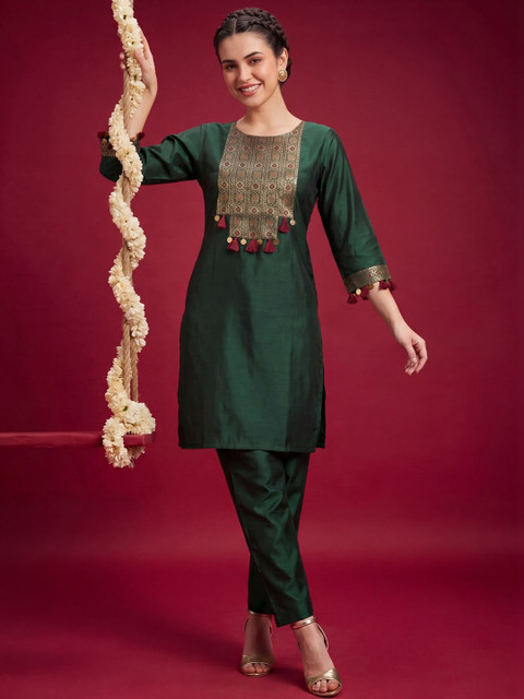 Indo Era Women Ethnic Motifs Embroidered Regular Thread Work Liva Kurta with Trousers