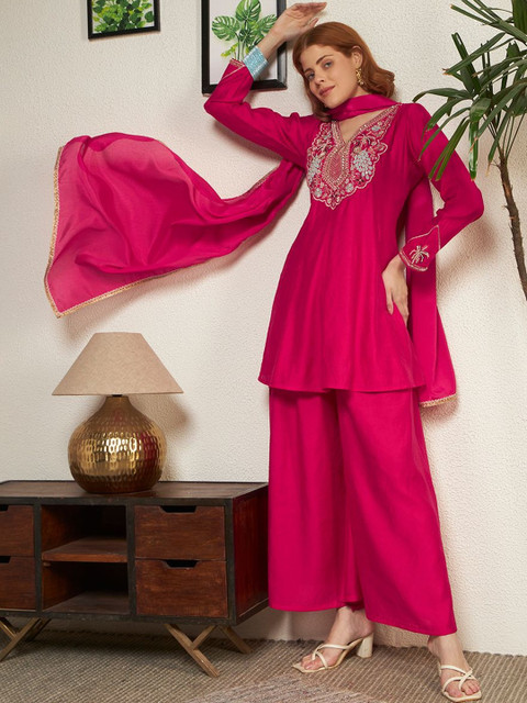 Honky Tonky Women Ethnic Motifs Embroidered Regular Thread Work Kurta with Palazzos & With Dupatta