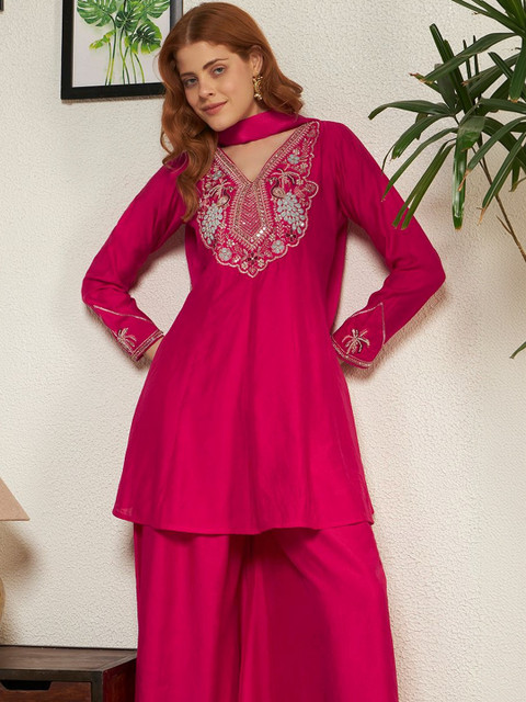 Honky Tonky Women Ethnic Motifs Embroidered Regular Thread Work Kurta with Palazzos & With Dupatta - Image 4