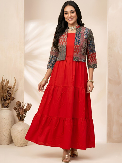 HARAYE Ethnic Motifs Colourblocked Fit & Flare Maxi Dress