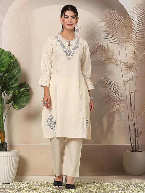 Nayam By Lakshita Floral Embroidered Tie-Up Neck Straight Kurta with Trouser