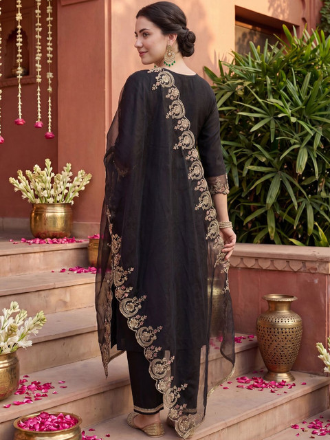 Indo Era Women Ethnic Motifs Embroidered Regular Thread Work Liva Kurta with Trousers & With Dupatta - Image 5