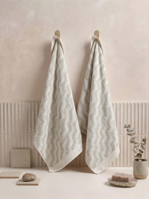 Monte Carlo 2-Pcs Beige & White Textured Pure Cotton 500 GSM Hand Towels