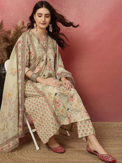Anouk Women Floral Printed Regular Pure Cotton Kurti & Trouser With Dupatta - Image 3