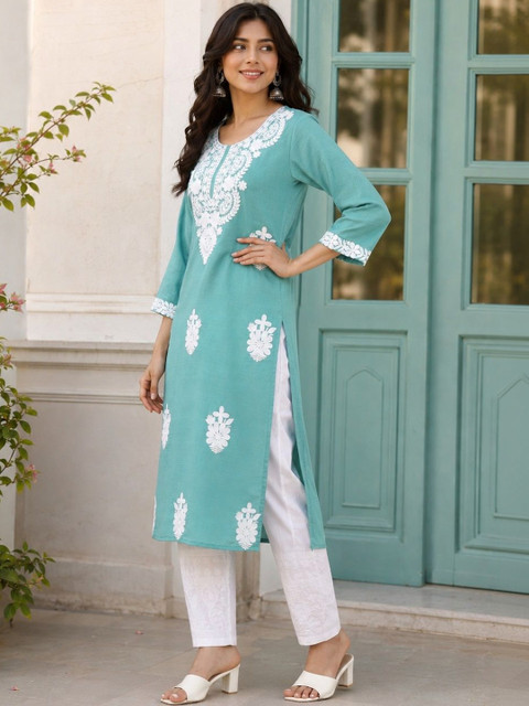 LUSIVA Women Ethnic Motifs Embroidered Chikankari Kurta - Image 3