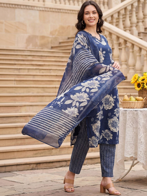 Indo Era Women Floral Printed Regular Kurta with Trousers & With Dupatta - Image 3