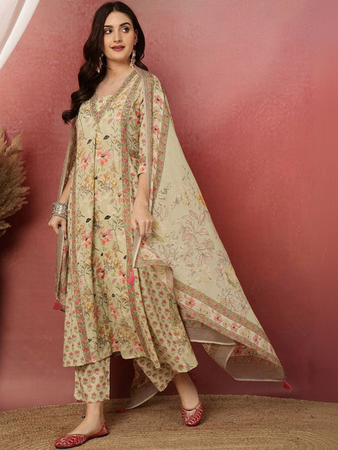 Anouk Women Floral Printed Regular Pure Cotton Kurti & Trouser With Dupatta - Image 5