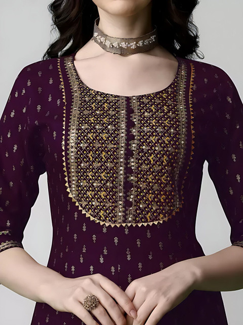QUEENSFAB Women Ethnic Motifs Printed Panelled Thread Work Kurta with Trousers & With Dupatta - Image 5