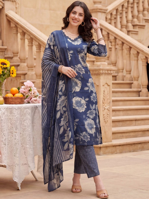 Indo Era Women Floral Printed Regular Kurta with Trousers & With Dupatta