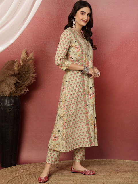 Anouk Women Floral Printed Regular Pure Cotton Kurti & Trouser With Dupatta - Image 6