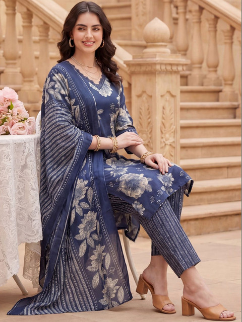 Indo Era Women Floral Printed Regular Kurta with Trousers & With Dupatta - Image 5