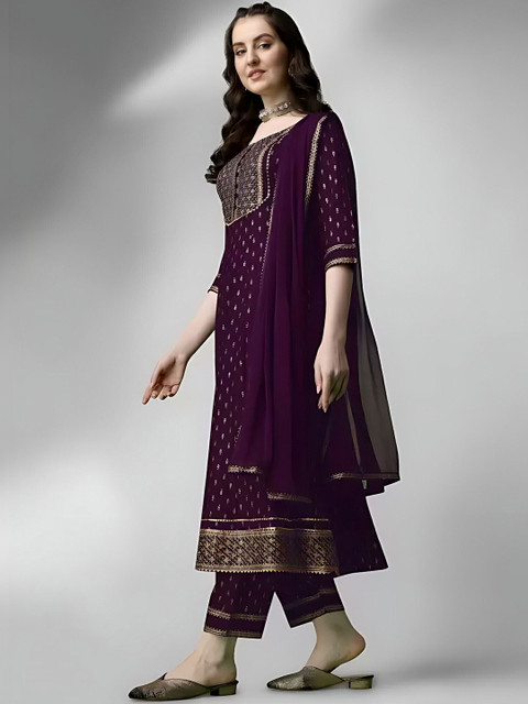 QUEENSFAB Women Ethnic Motifs Printed Panelled Thread Work Kurta with Trousers & With Dupatta - Image 2