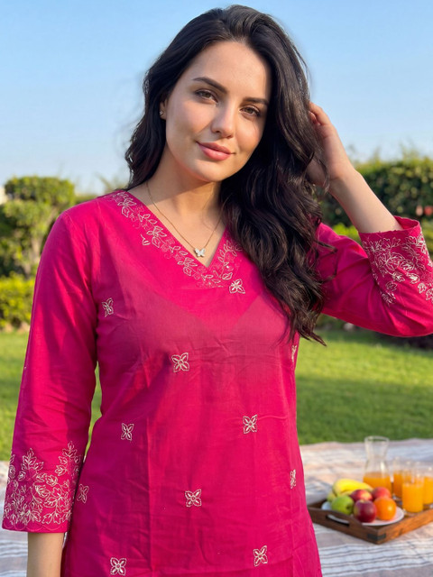 Indo Era Women Floral Embroidered Regular Pure Cotton Kurta with Trousers - Image 2