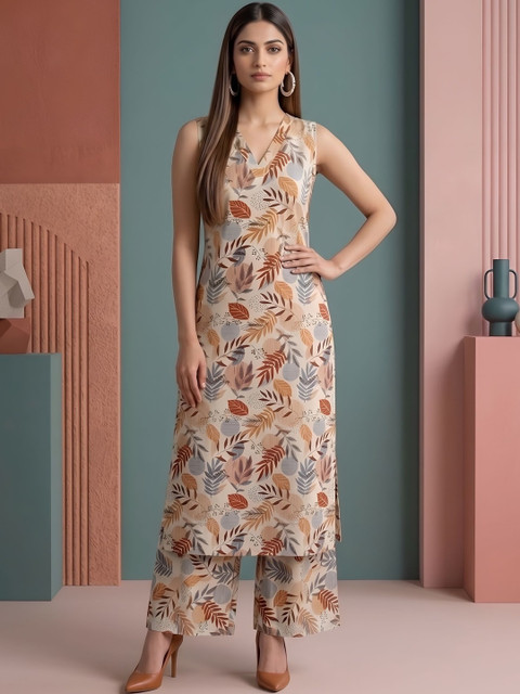 Beige Printed V-Neck Tunic with Palazzos